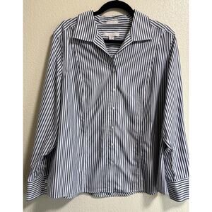 Chico's No-Iron Button Up Shirt Blue Striped Office Light Academia Size 3/XL